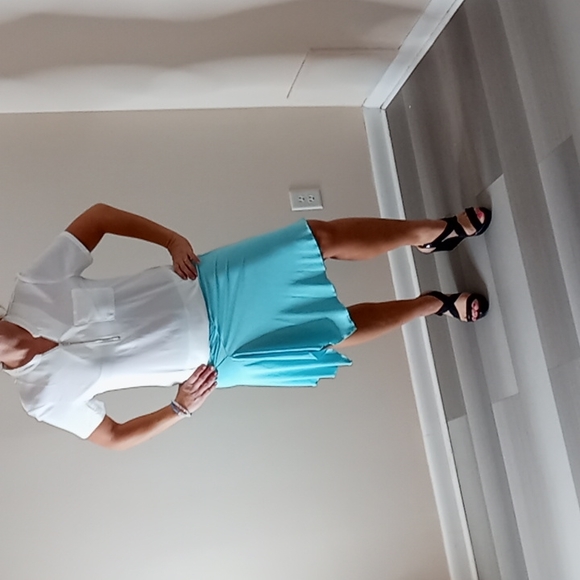 Bundle of NWT White Blouse & Express Turquoise Midi Skirt with Scalloped Hemline - Picture 1 of 16
